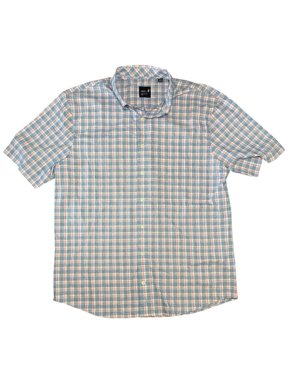 Johnnie-O "Dane" Men's Short Sleeve Button Down Shirt Plaid Majorca Blue Peach
